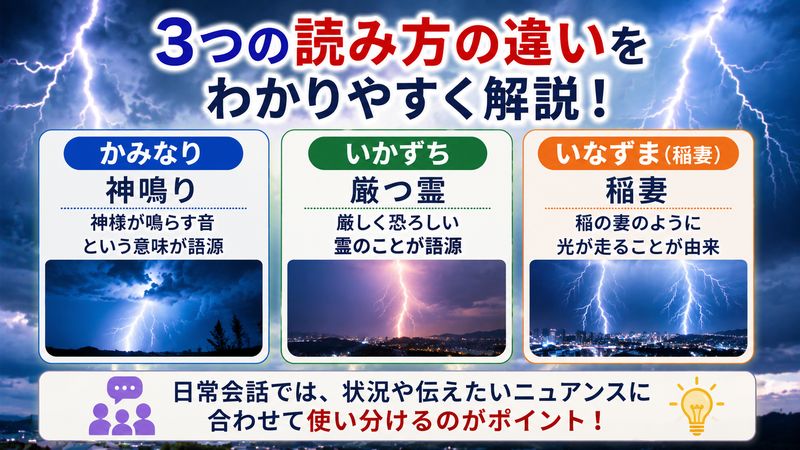 2.「かみなり」と「いかずち」と「いなずま」の読み方の違い
